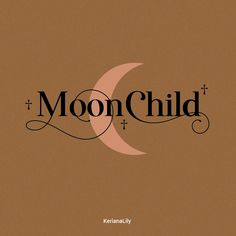 the moon child logo is shown on a brown background with black lettering and a pink crescent