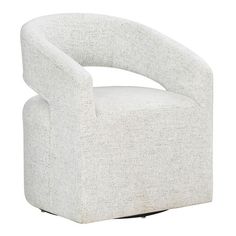 an upholstered white chair with wheels