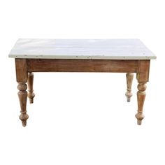 an old wooden table with two legs and a white marble top on the bottom, isolated against a white background