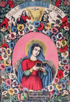 an image of the virgin mary holding a book in her hands and surrounded by flowers