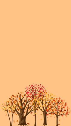 four trees with fall leaves on them against an orange background