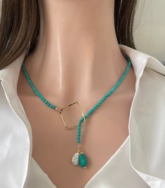 Turquoise Beads and Square Goldfilled Pendant Necklace with a Large Baroque/BiwA Pearl and Turquoise Nugget Dangle  Women Jewelry/ Trendy Long Unique Gemstone Necklace Stunning necklace surely an Eye catcher !  Style it with an evening dress, t-shirt, and jeans, or a boho top tank. Sure to grab attention ! Necklace Length : 24 inches  14K Goldfilled Findings Blue Jewelry With Colorful Beads For Birthday, Turquoise Faceted Beads Necklace For Gift, Turquoise Gemstone Beads For Gift, Green Beaded Jewelry For Birthday, Green Jewelry With Colorful Beads For Birthday, Green Colorful Beads Jewelry For Birthday, Turquoise Faceted Beads Necklace As A Gift, Turquoise Beaded Chain For Party, Turquoise Beaded Chain Beads For Gift