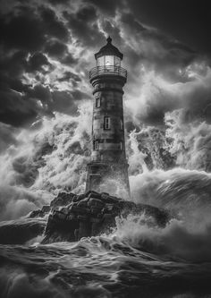 black and white photograph of a lighthouse in the middle of stormy ocean with storm clouds