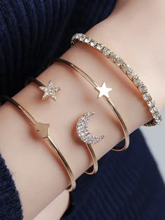 4pcs Star Moon Decor Bracelet Yellow Gold Glamorous   Zinc Alloy     Women Fashion Jewelry, size features are:Bust: ,Length: ,Sleeve Length: قلادات متدلية, Crystal Cuff Bracelet, Moon Decor, Bracelets Design, Jewelry Accessories Ideas, Hand Bracelet, Classy Jewelry, Fancy Jewellery, Star Moon