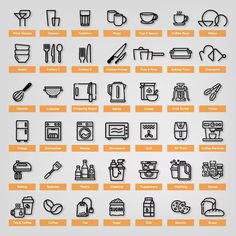 a large set of kitchen related icons in black and orange, on a white background