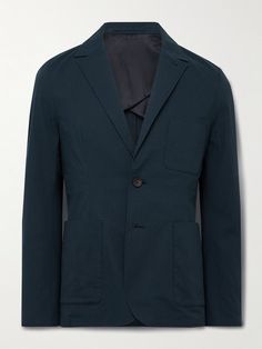 DESIGNED BY MR PORTER. Lightweight tailoring is key for looking smart year-round. Mr P.'s suit jacket is cut from navy cotton-blend seersucker that's naturally breathable to keep you cool. It's tailored with notch lapels, functioning buttoned cuffs and a trio of patch pockets. Lower Impact Materials. This product is made using at least 50% lower-impact materials or ingredients. Find out more about our Consciously Crafted criteria here. Seersucker Suit, Mr P, Tuxedo Suit, Suede Jacket, Formal Shirts, Mr Porter, Mens Suits, Down Jacket, What To Wear