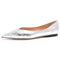 womens croco embossed silver pointed toe leather flat shoes with black outsole edges Silver Ballerina Flats, Silver Flat Shoes, Pointed Flats Shoes, Pointy Flats, Luxury Designer Shoes, Footwear For Women, Metallic Flats, Leather Footwear, Pointed Flats