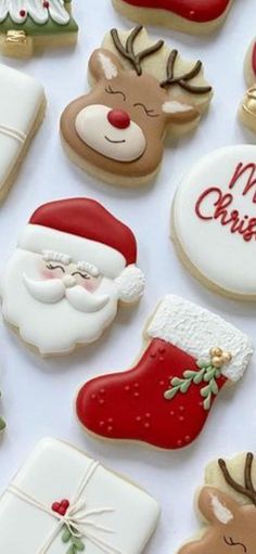 decorated christmas cookies are displayed on a table