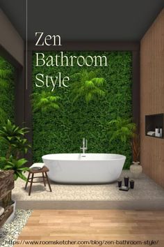 the bathroom is decorated with green plants and white bathtub in front of a wall