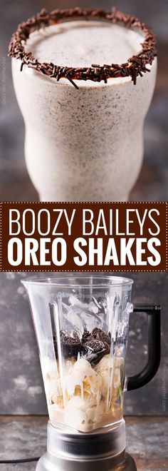 boozy bailey's oreo shakes recipe in a blender with text overlay