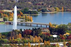 an aerial view of a lake with a fountain in the middle and trees around it