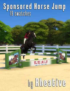 a horse jumping over an obstacle with trees in the background and text reading sponsored horse jump 19 swatches by rheative