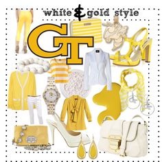 a collage of yellow and white clothes, shoes, purses and handbags