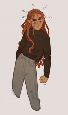 a drawing of a woman with long red hair and grey pants, standing in front of a white background