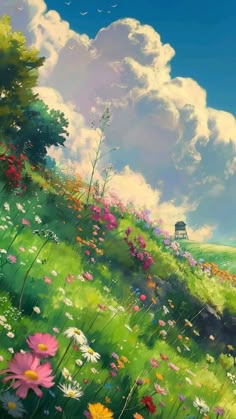 a painting of a field with flowers and trees in the foreground, under a cloudy blue sky