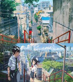 two pictures of people walking up and down the stairs in an urban area with buildings