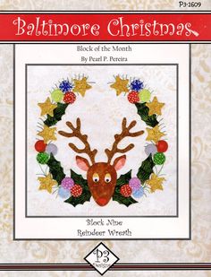 a christmas card with a reindeer's head and holly wreath on it, in the middle