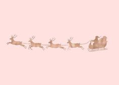 santa's sleigh with reindeers flying through the sky on a pink background