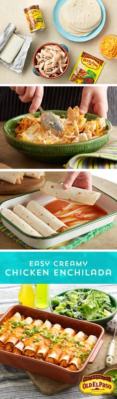 the process of making mexican chicken enchilada is shown in three different stages