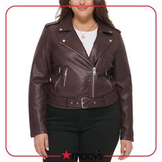 Classic asymmetrical faux leather belted motorcycle jacket features a water resistant outer shell, front zipper closure paired with 1 chest zipper pocket and 2 lower zipper, snap-down lapels and epaulettes for added detailing. Faux Leather Motorcycle Jacket, Plus Size Outerwear, Faux Leather Belts, Brown Leather Jacket, Leather Motorcycle Jacket, Petite Tops, Clothing Size Chart, Jackets Online, Womens Clothing Sizes