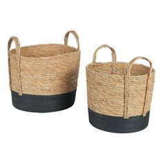 two large baskets with handles on each side, one is black and the other is beige