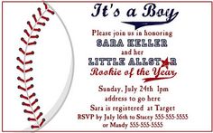 a baseball themed baby shower is shown in red, white and blue with the words it's a boy