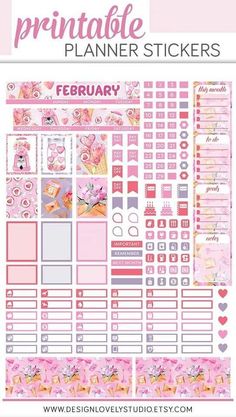 the printable planner sticker is shown with pink flowers and hearts