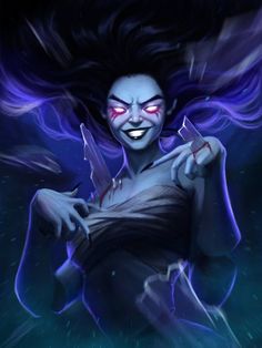 an evil woman with purple hair and red eyes holding two knives in her right hand