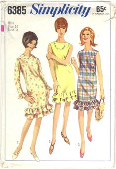 Vintage 60s Misses Ruffled Hem Dress Sewing Pattern Size 14 Bust 34  The pattern is cut and complete. The envelope has tears on the sides. .  All patterns are mailed in quality archival storage sleeves. 60s Dress Pattern, Vintage Dress Sewing Patterns, Vintage Clothes Patterns, 1960 Fashion, Fashion 1960s, Robes Vintage, Dress Slim, Slim Dress, Retro Mode