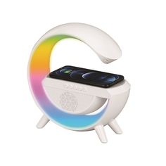 an image of a white speaker with colorful lights on it