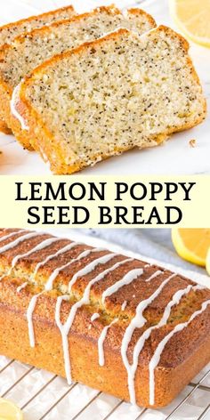 lemon poppy seed bread with white icing on top and sliced loaf in the background