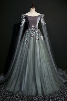 Looking for something elegant for your next masquerade ball? This dark grey gown is sure to be a show stopper. Note: Gowns are custom fit for each customer, so please allow 4-6 weeks to receive.Check size chart as a guideline before ordering then provide your measurements. Measurements (best taken by a friend or seamstress): Height, Weight, Height with Shoes you'll be wearing with the gown, Shoulders, Bust, Waist, Hollow of Throat to Floor while barefoot and Hips.This dress and others can be alt डिजाइनर कपड़े, Velvet Prom Dress, A Line Evening Dress, Vintage Prom, Prom Dresses Vintage, Fantasy Gowns, Fairytale Dress, Dresses Elegant, Velvet Lace