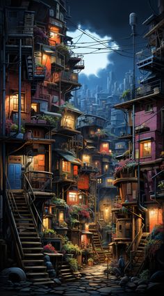 a painting of a city at night with stairs leading up to buildings and lights on