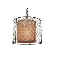 a light fixture with chicken wire hanging from it's side and a brown shade on top