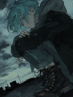 a man with blue hair is hugging another man's face in front of a cloudy sky