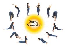 a woman doing yoga poses with the words surya namaskar