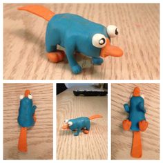 three pictures of an orange and blue toy dog