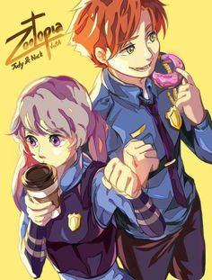 two anime characters holding donuts in their hands