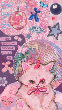 a painting of a white cat with a party hat and disco balls on it's head