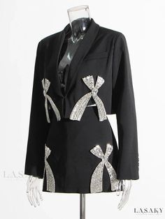 Glamorous Diamond Embellished Top and Skirt Ensemble Unique Blazer, Embellished Blazer, Shawl Collar Blazer, Blazer And Skirt Set, Slim Blazer, Modern Womens Fashion, Middle Age Fashion, Blazer And Skirt, Blazer Set