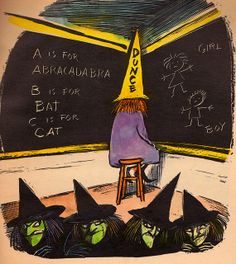 a drawing of witches sitting in front of a blackboard