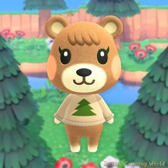 an animal crossing world character standing in front of some trees and bushes with red flowers