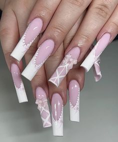 Ballerina Core Nails, Coquette Nails Long, Nails White French Tip, Pink Spiritual, Bow Nail Designs, Fake Nails White, Long Press On Nails, Really Cute Nails