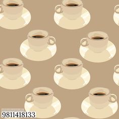 coffee cups and saucers are arranged on a brown background