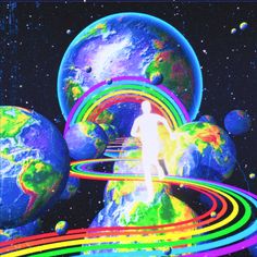 an image of a man standing in front of the earth with colorful lines on it