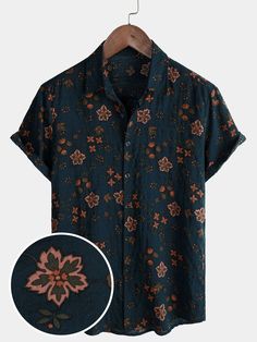 Men's Summer Floral Navy Blue Button Up Short Sleeve Cotton Shirt Cotton Shirt With Button Closure For Beach Season, Summer Cotton Tops For Outdoor, Cotton Tops For Summer Outdoor, Cotton Tops For Summer Outdoor Activities, Cotton Summer Tops For Outdoor, Black Camp Shirt For Summer Outdoor Activities, Black Summer Camp Shirt For Outdoor, Casual Printed Summer Shirt, Cotton Shirt For Vacation And Warm Weather