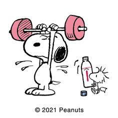 a cartoon dog lifting a barbell over his head with a bottle next to it