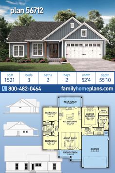 two story house plan with 3 car garage and attached living area, including an open floor plan