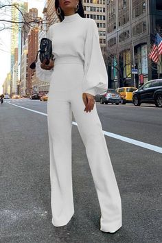 Casual Elegant Style, Classy Looks, Solid Jumpsuit, Trendy Outfits Winter, All White Outfit, Backless Jumpsuit, Jumpsuits And Romper, Long Sleeve Jumpsuit