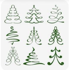 a set of twelve christmas trees with swirls and ornaments on them, all drawn in green ink